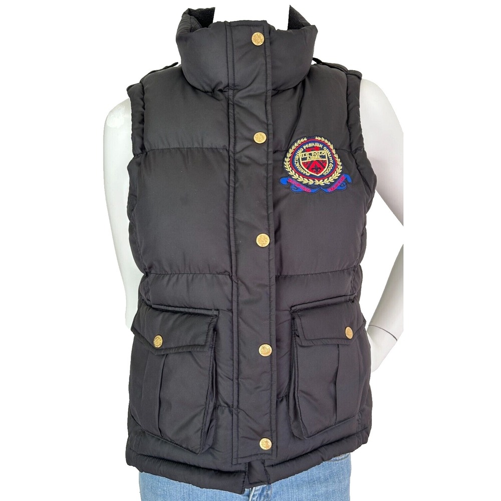USPA Quilted Puffer Vest Medium Black Gold Hardware Shield Logo Varsity Preppy